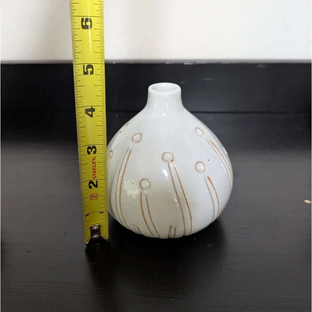 Vintage MCM Neutral‎ Stoneware Bud Vase With Abstract Floral Motif Glossy Finish